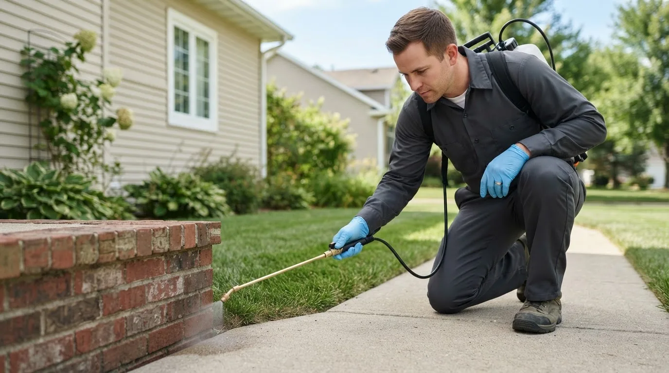 Pest control technician treating a home near Platte City, MO